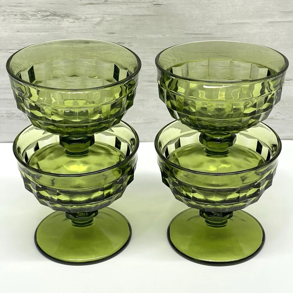 Vtg Indiana Glass Avocado Green‎ Footed Cubist Sherbet Dessert Dishes Lot of 4